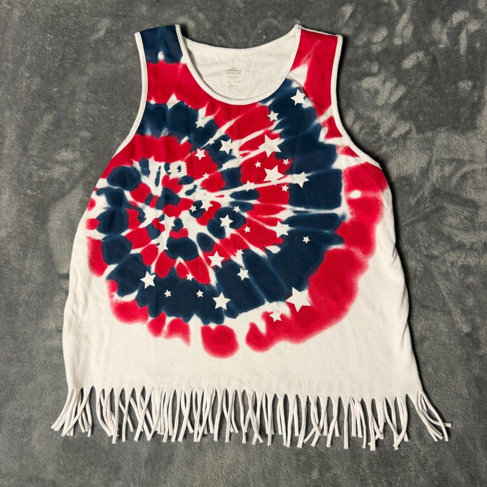Patriotic Womens XXL 18Tank Top Sleeveless Red White Blue Tie Dye Stars‎ Fringe